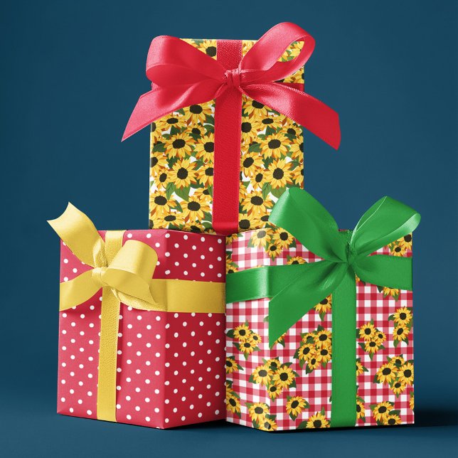 Feuille De Papier Cadeau Motifs floraux de tournesol à pois en vichy rouge (Créateur téléchargé)