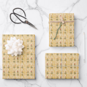 Feuille De Papier Cadeau Motifs Floraux sur Rayures Jaunes