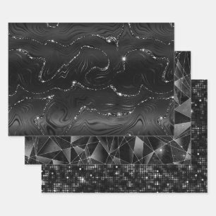 Feuille De Papier Cadeau Motifs géométriques à paillettes noires et argenté