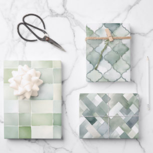 Feuille De Papier Cadeau Motifs géométriques aquarelle vert sauge Bohème