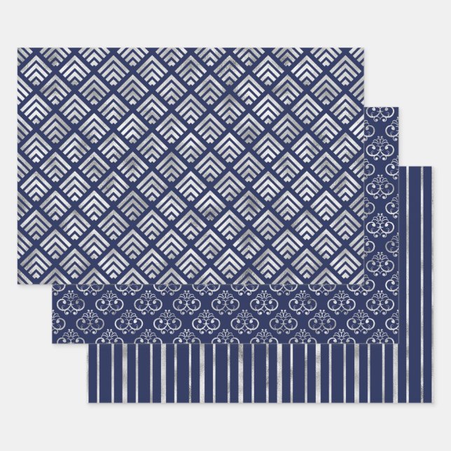 Feuille De Papier Cadeau Motifs géométriques élégants bleu marine et argent (Lot)