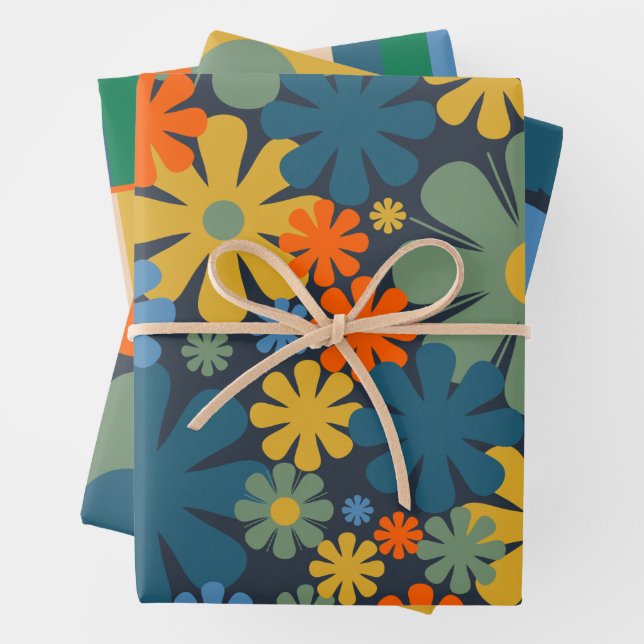 Feuille De Papier Cadeau Motifs géométriques floraux modernes (En situation)