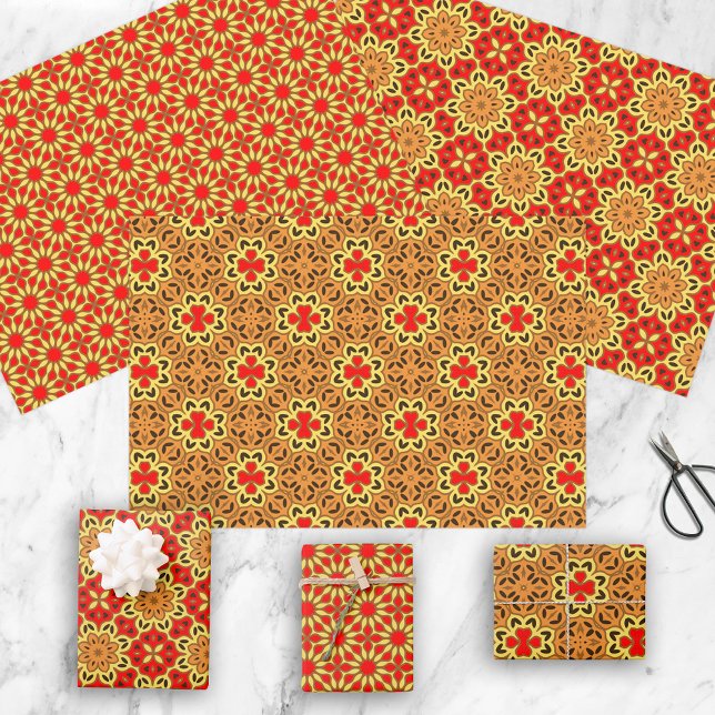 Feuille De Papier Cadeau Motifs géométriques orientaux rouges et oranges (Créateur téléchargé)