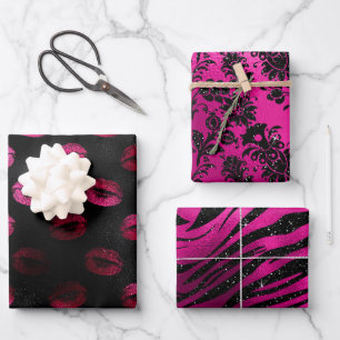 Feuille De Papier Cadeau Motifs glamour élégants rose et noir pailletés