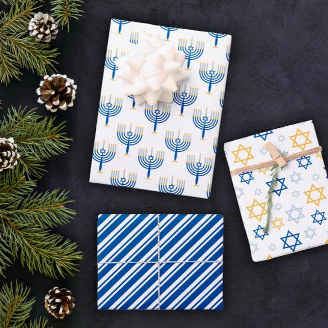 Feuille De Papier Cadeau Motifs Hanoukka mélangés bleu blanc et jaune (Créateur téléchargé)