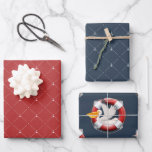 Feuille De Papier Cadeau Motifs marins et marins rouges<br><div class="desc">Un ensemble amusant de papier d'emballage sur le thème nautique en bleu marine, rouge et blanc. Il dispose de 2 modèles avec de minuscules ancres motifs, un en rouge et blanc et un en marine et blanc. La troisième feuille de cet ensemble a un motif fantaisiste de pélicans dans une...</div>