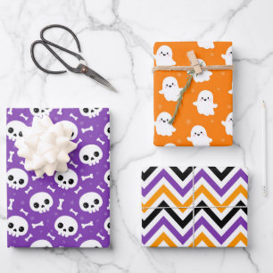 Feuille De Papier Cadeau Motifs mignons de fantômes et de crânes pour Hallo