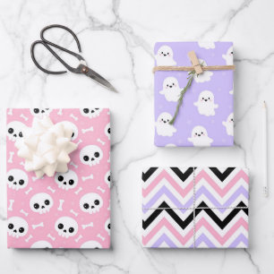 Feuille De Papier Cadeau Motifs mignons de fantômes et de crânes pour Hallo