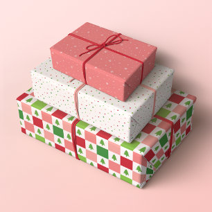 Feuille De Papier Cadeau Motifs minimalistes de Noël, rouge, rose et vert