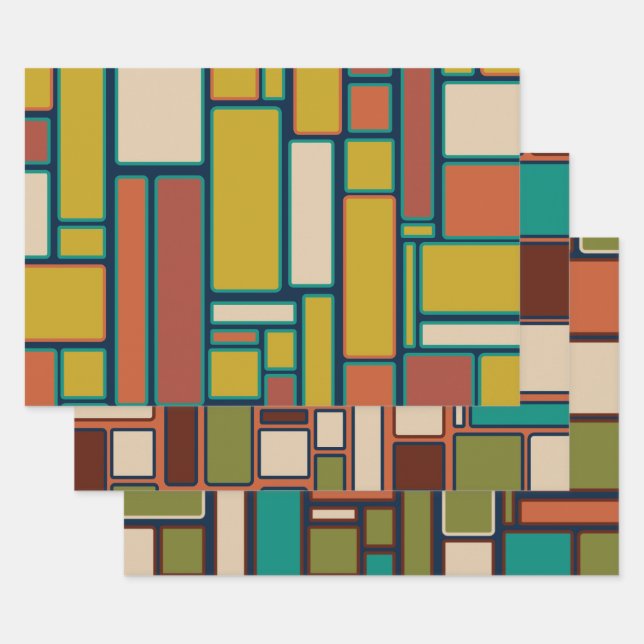 Feuille De Papier Cadeau Motifs modernes du Moyen-siècle géométrique rétro (Lot)