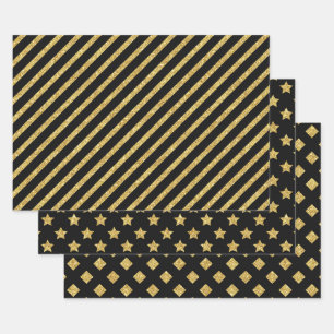 Feuille De Papier Cadeau Motifs Pailletés Élégants Noir et Or