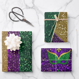 Feuille De Papier Cadeau Motifs Pailletés Mardi Gras Jaune Vert Violet