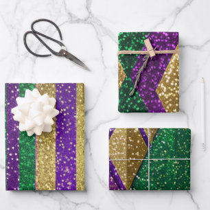 Feuille De Papier Cadeau Motifs Pailletés Mardi Gras Violet Jaune Vert