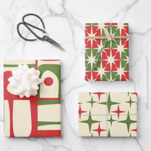 Feuille De Papier Cadeau Motifs rétro modernes de Noël du milieu du siècle