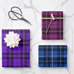 Feuille De Papier Cadeau Motifs tartan modernes violet, bleu et rose
