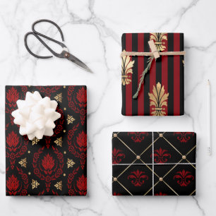 Feuille De Papier Cadeau Motifs Vintage Élégants Rouge, Noir et Or
