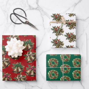 Feuille De Papier Cadeau Motifs Vintages rétro sonne Wreath et Holly