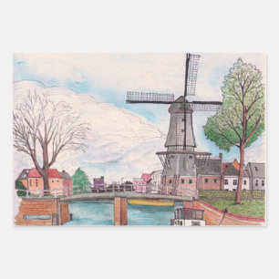 Feuille De Papier Cadeau Moulin De Adriaan Haarlem Pays-Bas Aquarelle