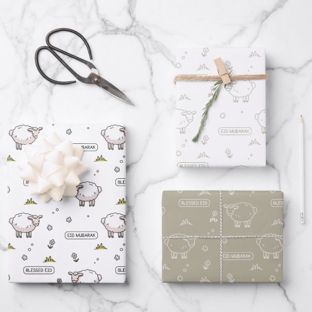 Feuille De Papier Cadeau Mouton gris Aïd Moubarak Enfants (Recto)