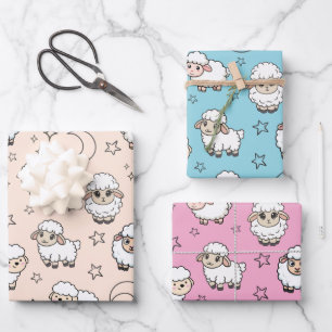 Feuille De Papier Cadeau Moutons mignons endormis et Lune avec Étoiles
