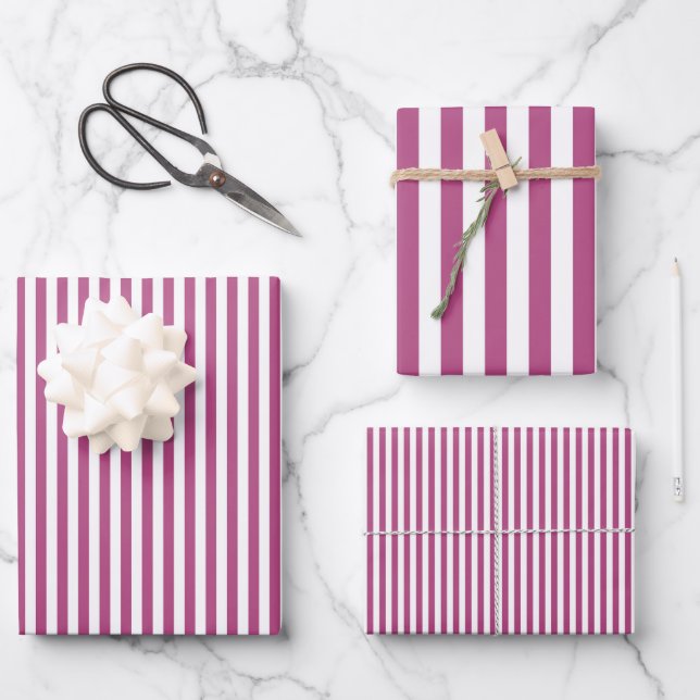 Feuille De Papier Cadeau Mûre Rose & Rayures Blanches (Recto)