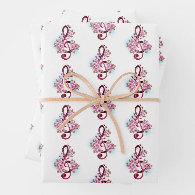 Feuille De Papier Cadeau Musical treble clef notes with sakura flowers (En situation)