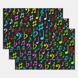 Feuille De Papier Cadeau Musique amusante et colorée Notes et symboles Enve