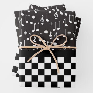 Feuille De Papier Cadeau Musique et damier noir et blanc