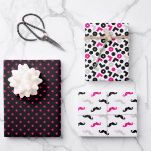 Feuille De Papier Cadeau Mustache Pois de la géométrie rose noire