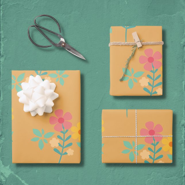 Feuille De Papier Cadeau Mustard Retro Daisy Bouquet Motif (Créateur téléchargé)