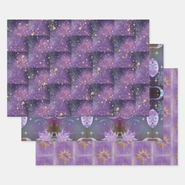 Feuille De Papier Cadeau Mystique Toutes Les Occasions Purple Or Étincelles (Lot)