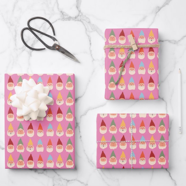 Feuille De Papier Cadeau Nains de jardin fond rose (Recto)