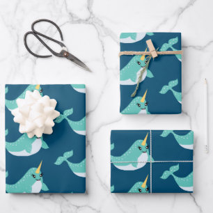 Feuille De Papier Cadeau Narwhals magiques avec Motif d'cils