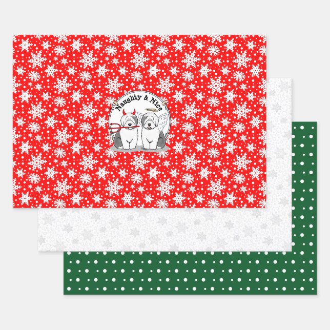 Feuille De Papier Cadeau Naughty & Nice Old English Sheepdogs (Grey 1) (Lot)