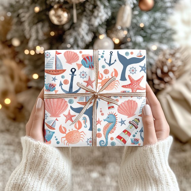 Feuille De Papier Cadeau Nautical Beach Ancre Sea Shells Motif de bateau à  (Créateur téléchargé)