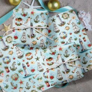 Feuille De Papier Cadeau Nautique de Noël Bateaux à voile Phare Océan