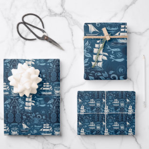 Feuille De Papier Cadeau Navire nautique et motif à thème océanique No8