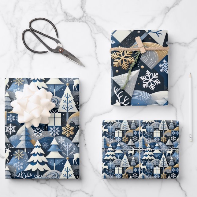 Feuille De Papier Cadeau Navy Blue Gold Nordic Christmas Forest Pattern (Recto)