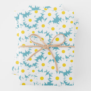 Feuille De Papier Cadeau Négative Space Daisies blanc jaune sur bleu