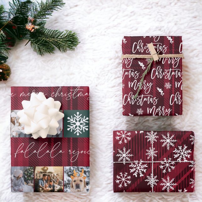 Feuille De Papier Cadeau neige de Noël 8 photos grille collage rouge plaid (Christmas snow 8 photos grid collage red plaid wrapping paper sheets)