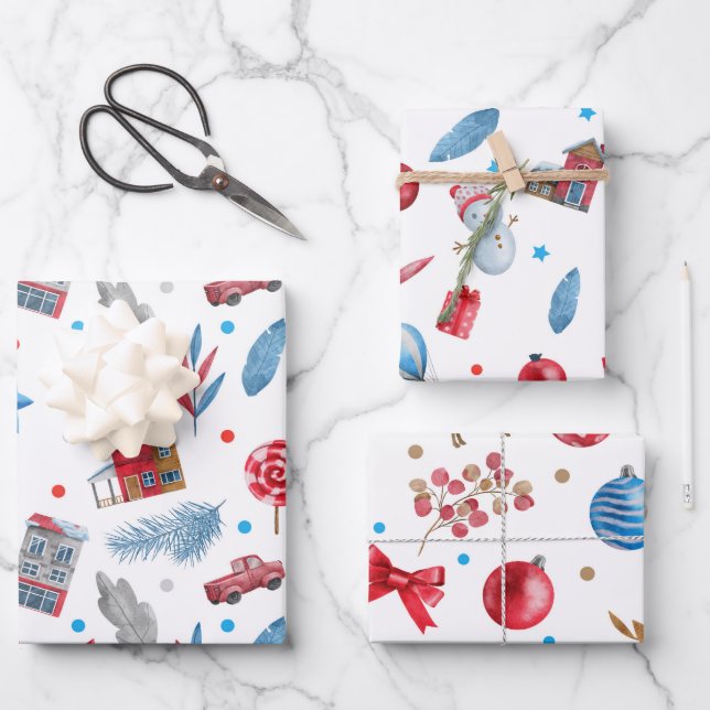 FEUILLE DE PAPIER CADEAU NEIGE, MAISONS DE VACANCES, ORNAMENTS DE NOËL, LIV (Recto)