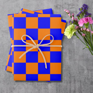 Feuille De Papier Cadeau Neon Blue Orange À damiers Checkerboard Vintage