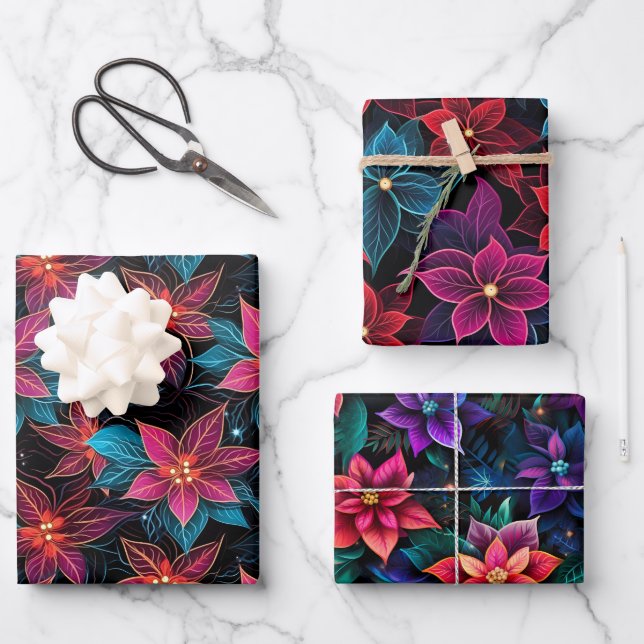 Feuille De Papier Cadeau Neon Christmas Poinsettias (Recto)