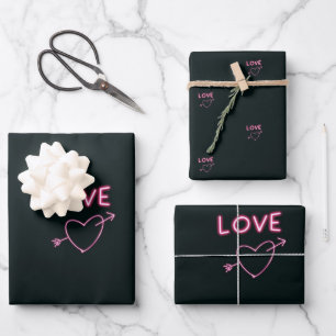 Feuille De Papier Cadeau Neon Pink sur les coeurs d'AMOUR Noir