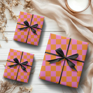 Feuille De Papier Cadeau Neon rose Orange À damiers damier Vintage