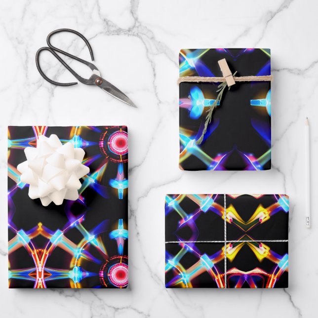 Feuille De Papier Cadeau Neon Starburst Kaleidoscope (Recto)