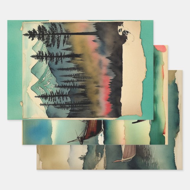 Feuille De Papier Cadeau Néphémère de peinture paysagère traditionnelle jap (Lot)