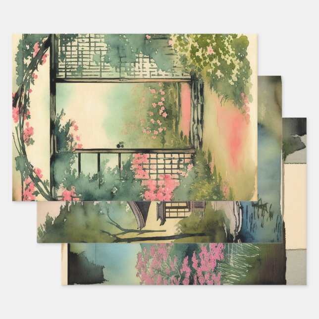 Feuille De Papier Cadeau Néphémère de peinture paysagère traditionnelle jap (Lot)