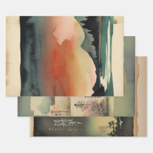 Feuille De Papier Cadeau Néphémère de peinture paysagère traditionnelle jap