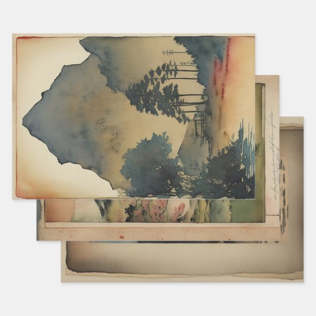 Feuille De Papier Cadeau Néphémère de peinture paysagère traditionnelle jap (Lot)